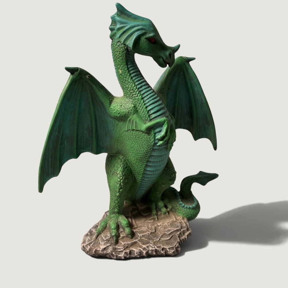 Green Dragon Figurine Mythical Fantasy Statue Red Eyes Rocky Base Decor
